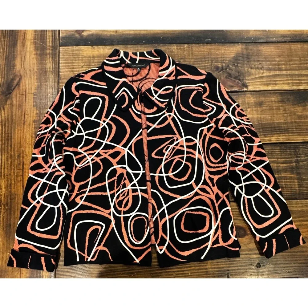 Ming Wang Cardigan Jacket Black Coral White Abstract Swirl Full Zip Knit XL